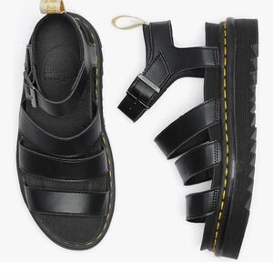 Dr. Martens Black Leather Fisherman Sandals with Yellow Stitching